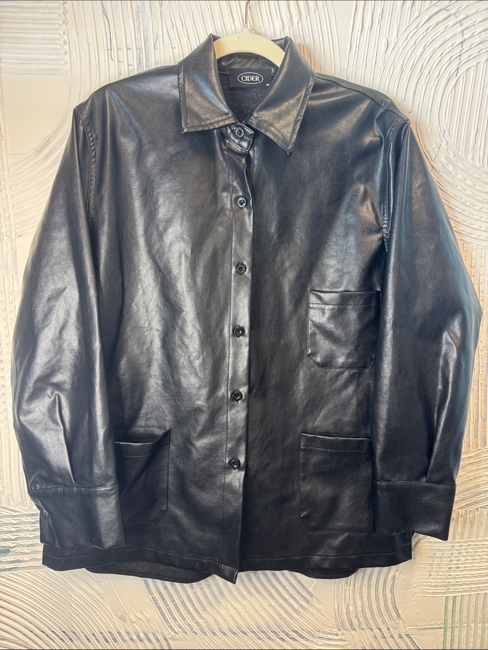Cider Black Faux Leather Button-Down Shirt Jacket N0690